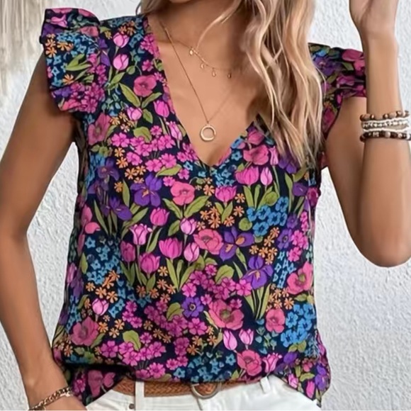 New! Beautiful Floral Print Bulbs Tulip Iris V Neck Ruffled Short Sleeves - Picture 5 of 7